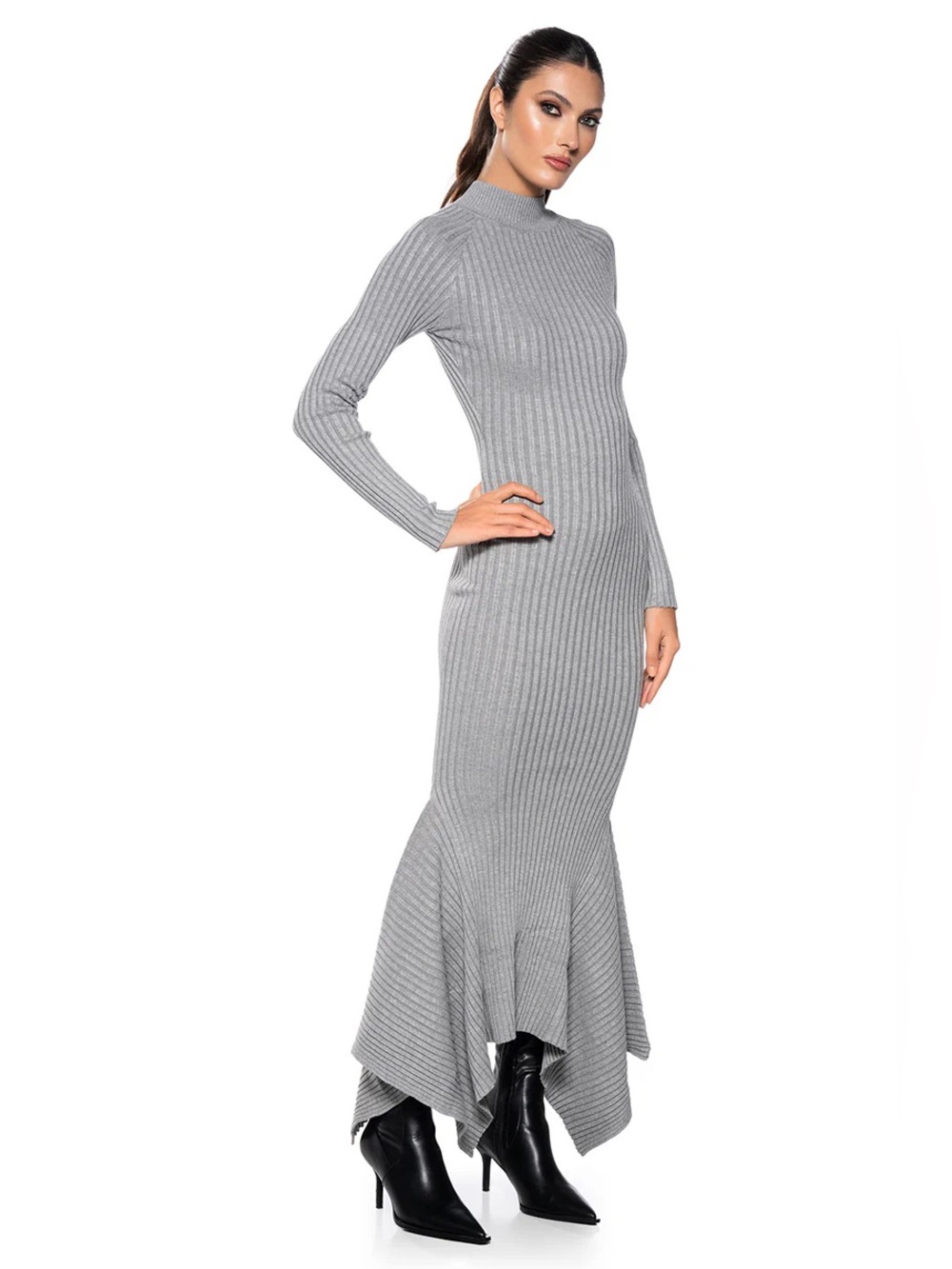 Ribbed Long Sleeve Gray Knit Maxi Dress - Picture 2 of 6